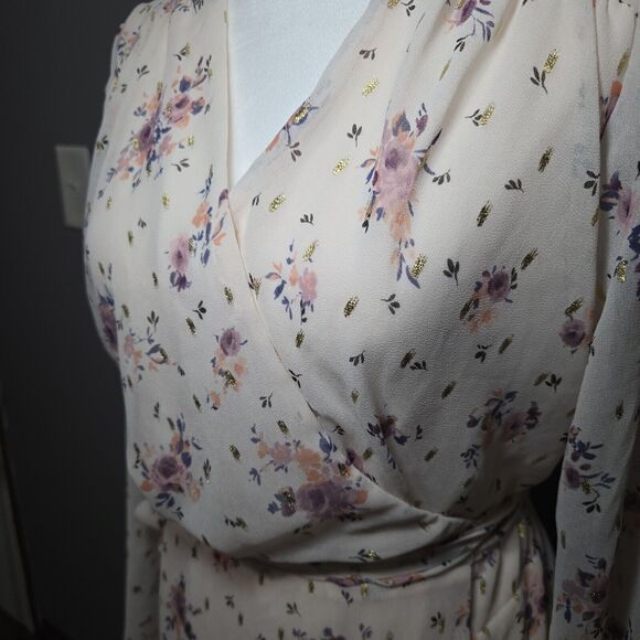 Everly Floral Rayon Wrap Dress Long Sleeve Size L Pink Multicolor Fairy Whimsy - Picture 8 of 10